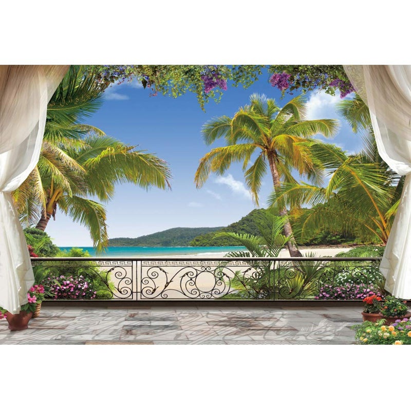 Haoyiyi 10x8ft Tropical Beach Backdrop Jungle Palm Tree Leaves Hawaiia Background Photography Photo Kids Birthday Party Events Honeymoon Travel Summer Holiday Banner Decoration - Image 1